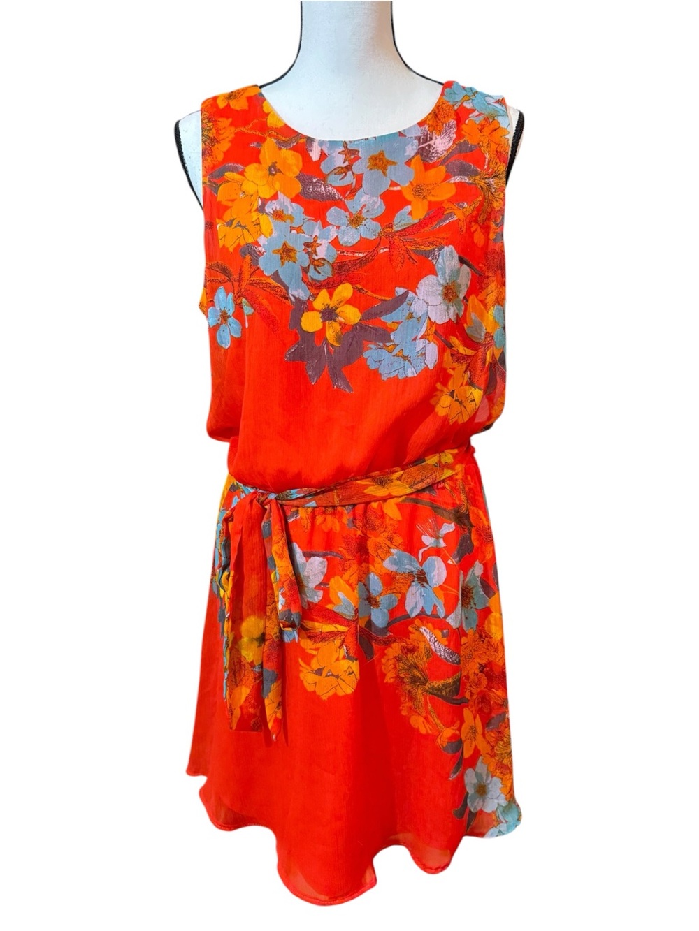 J.B.S. Floral Tie-Waist Mini Dress in Bright Orange with Blue Accents, size 14